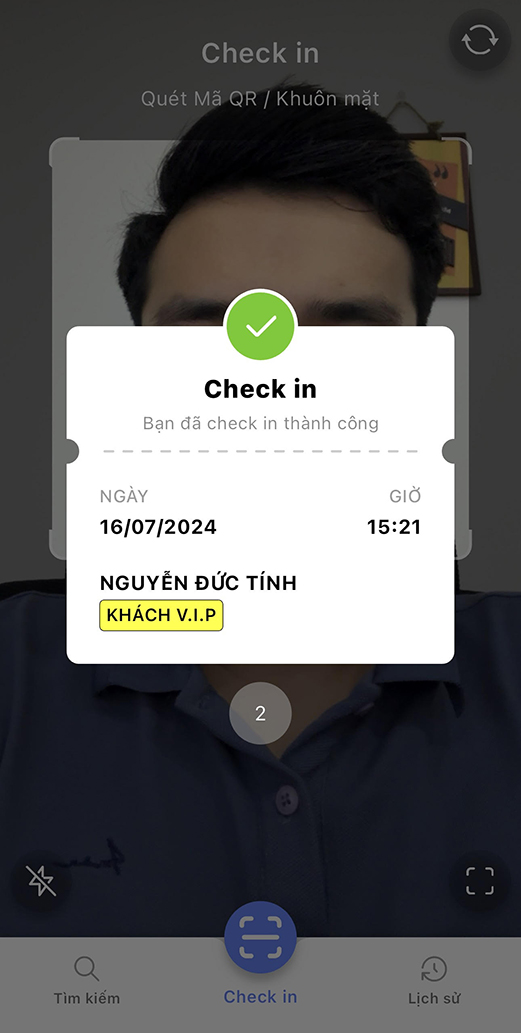 Giao diện check in thành công.